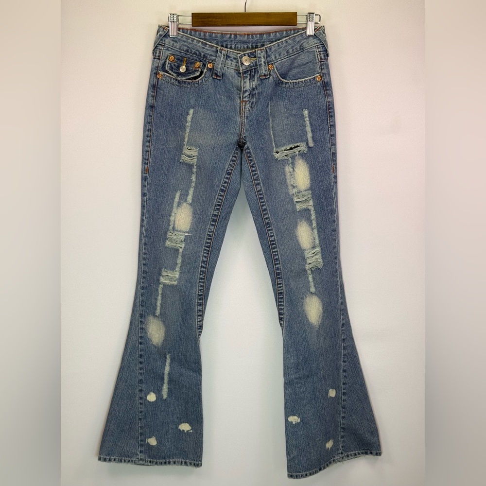 True Religion Joey Distressed Twisted Flare Jeans Blue Medium Wash Womens 27